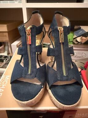 Michael Kors Denim Blue Espadrille Wedge Sandals with Gold Zipper